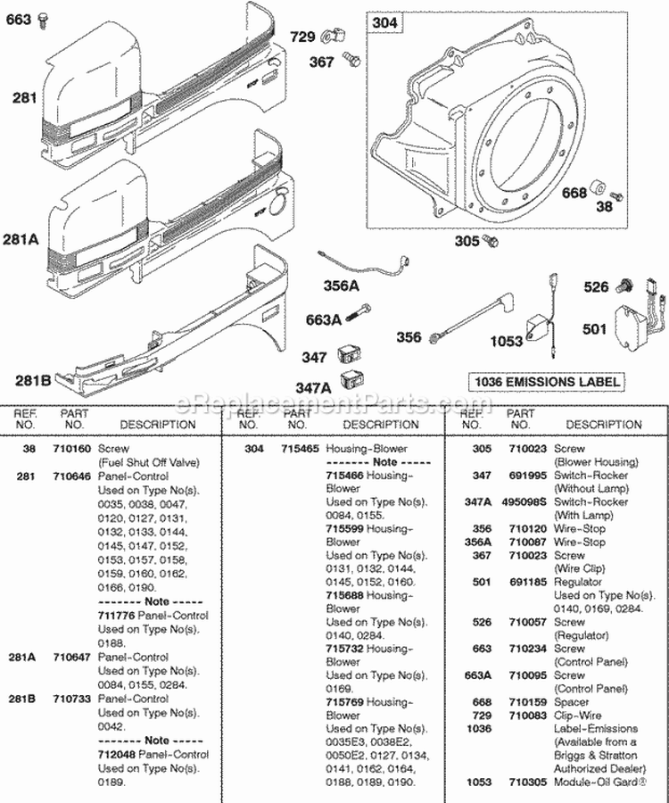 Blower Housing Control Panel Ignition Diagram and Parts List for 138432-0188-B1  Briggs and Stratton Engine
